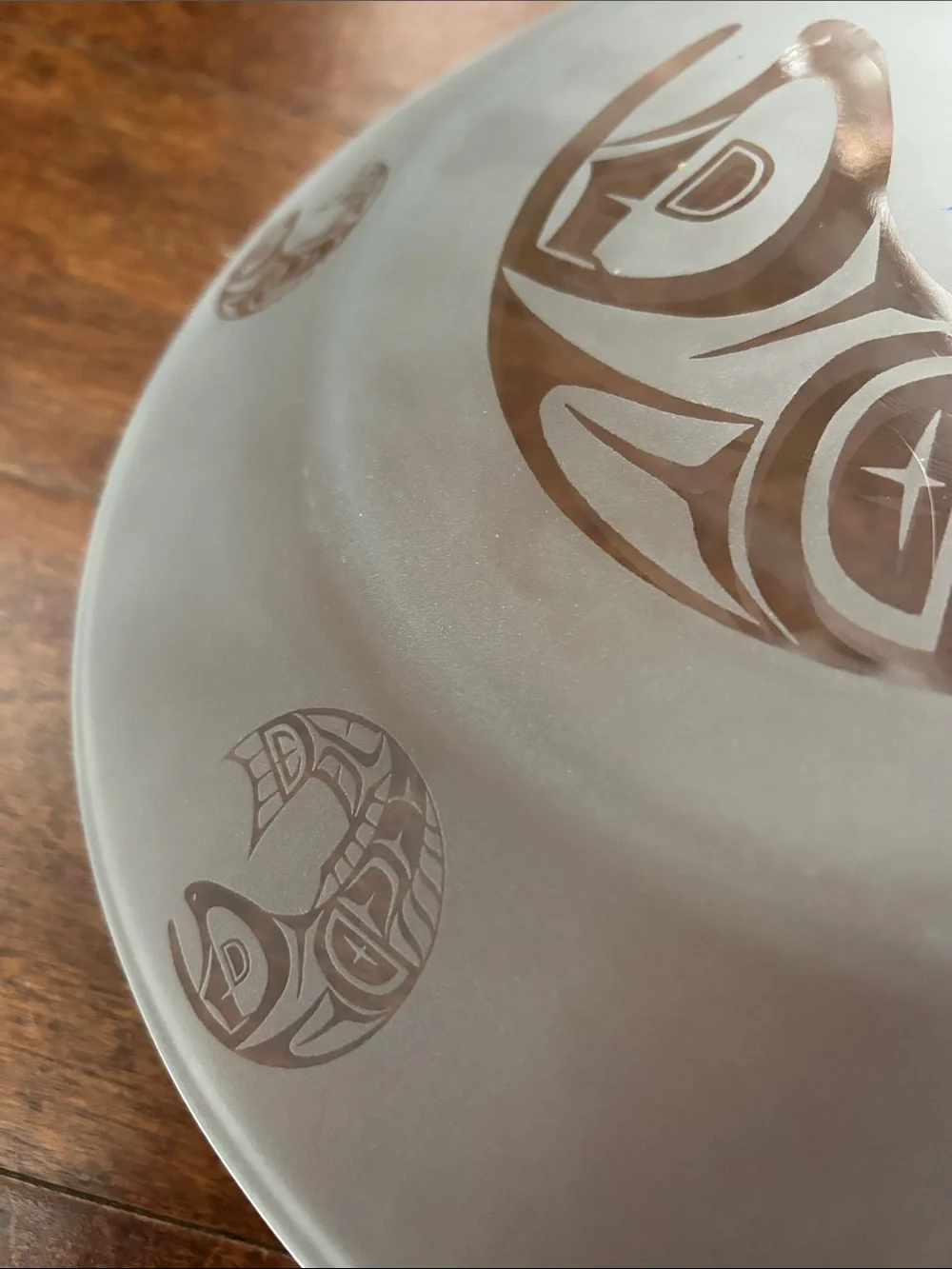 Native Canadian Art, Salmon Clear and Frosted Glass Plate with Salmon Fish